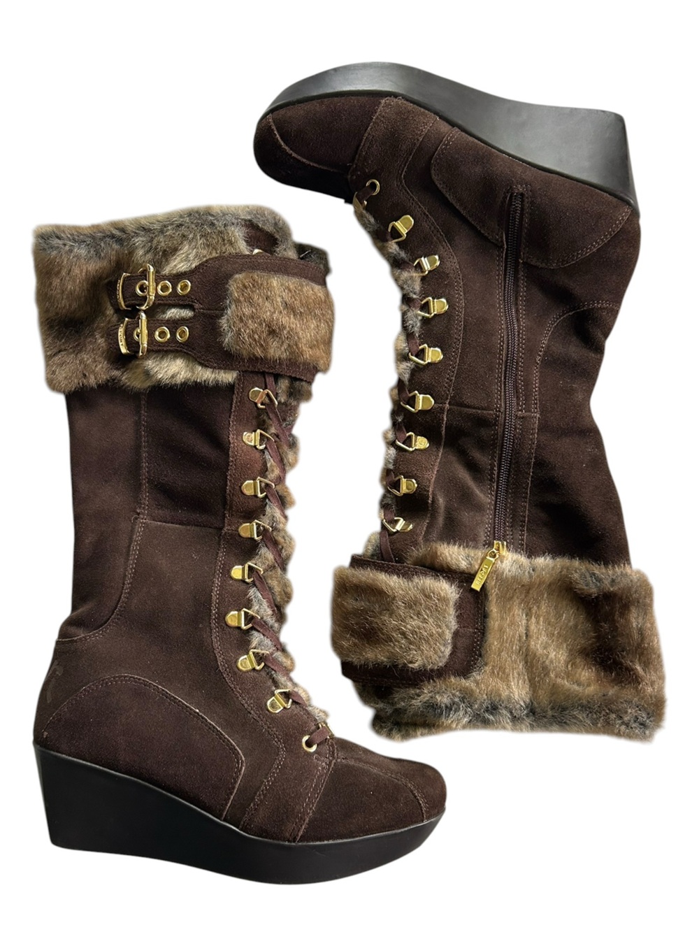 Report Y2K Suede Leather Lace Up Fur Wedge Boots size 9 Vintage Bratz Sleigh